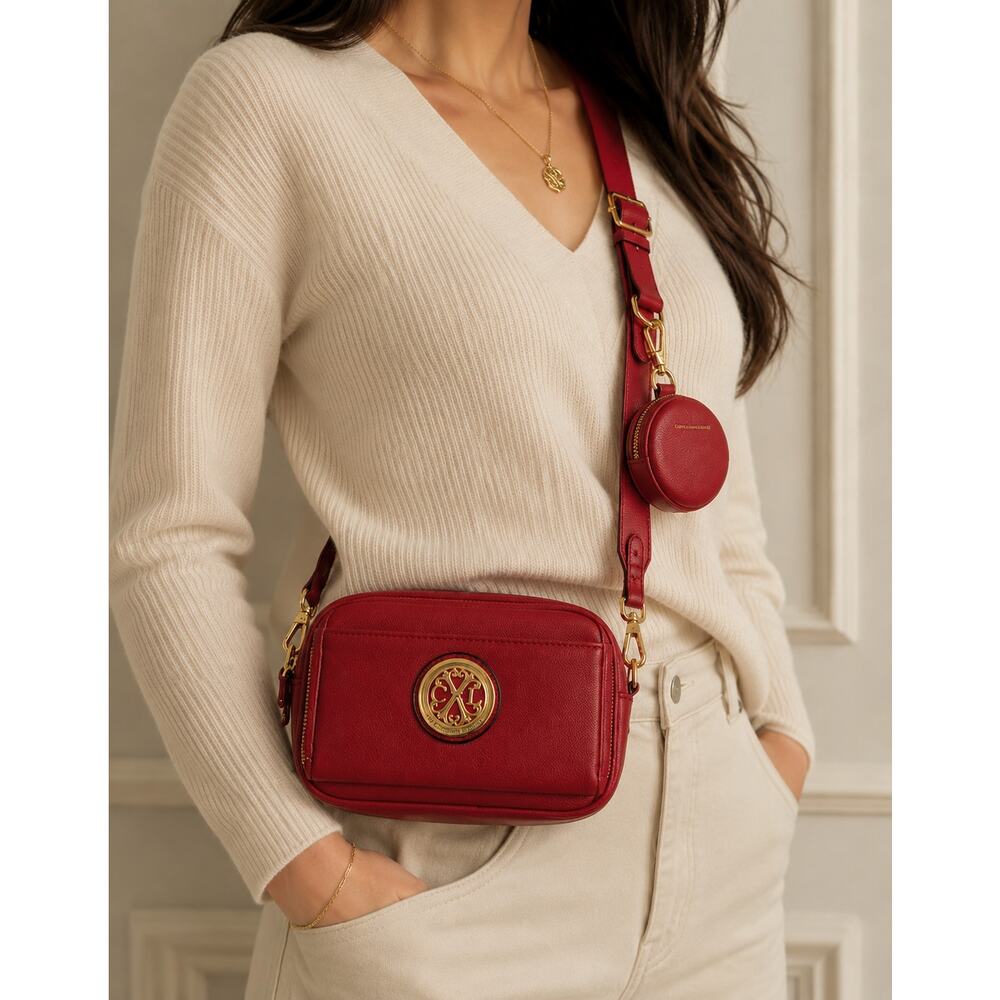Christian Lacroix Red Pebble Camera Bag Detachable Mini Zip Pouch NWT